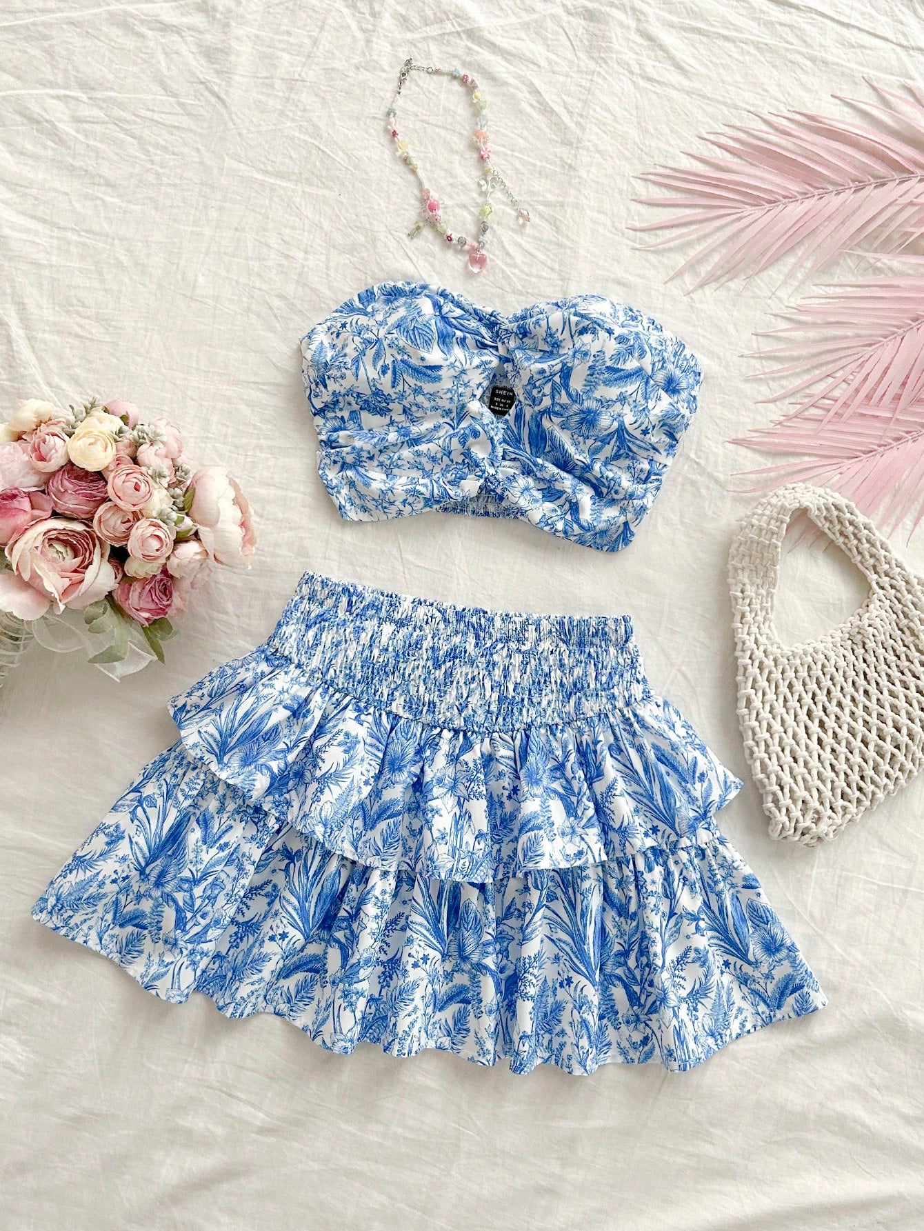 Casual Vacation Plaid Strapless Top With Twist Front And High Waist A-Line Skirt, 2pcs/Set