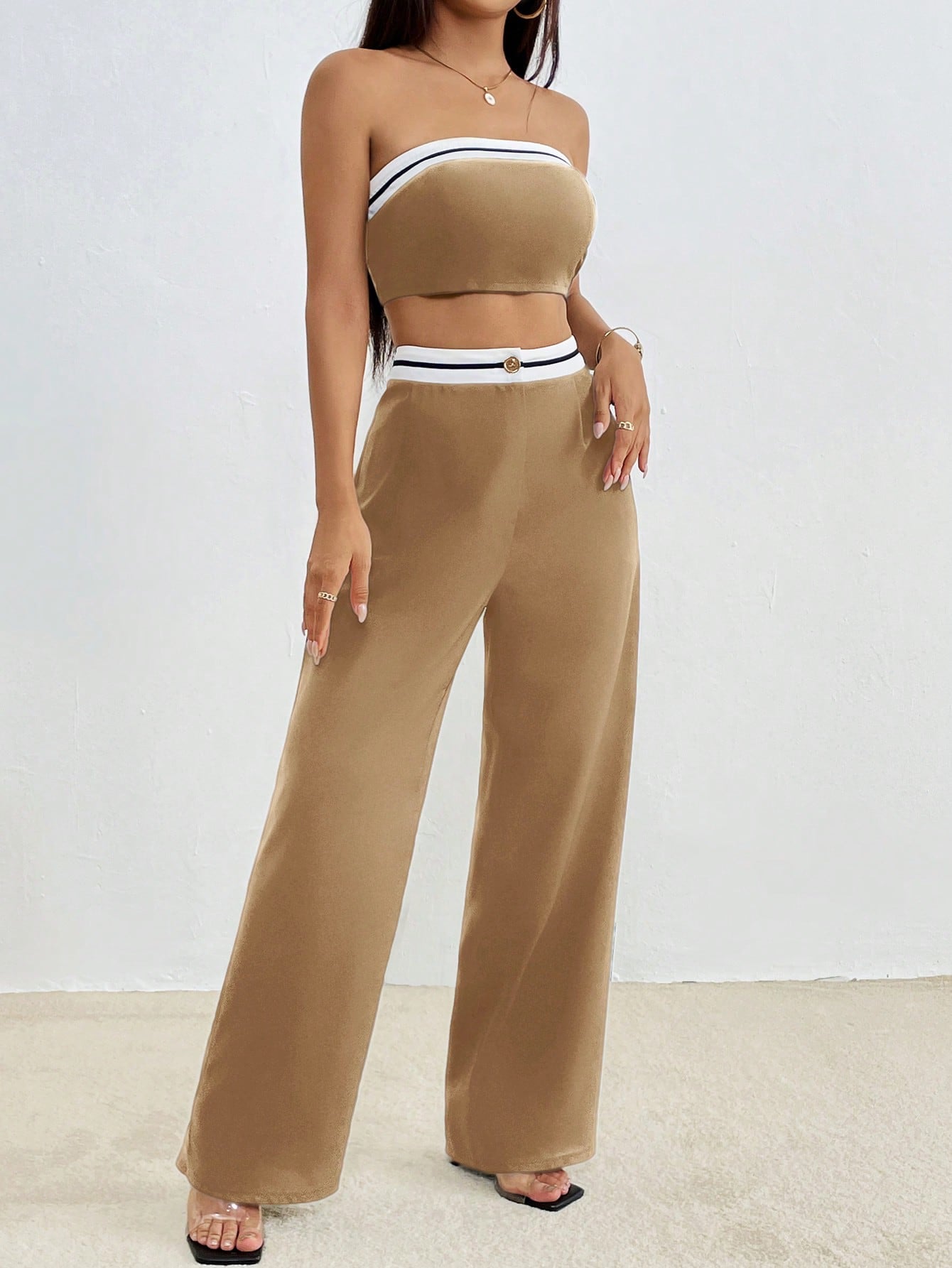 Contrast Trim Tube Top & Wide Leg Pants