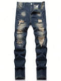1pc Blue Men's Fashion Streetwear Joggers, Breathable And Thick Jean Pants, Suitable For Urban Walking, Hanging Out, Parent-Child Outdoor Activities, All Seasons