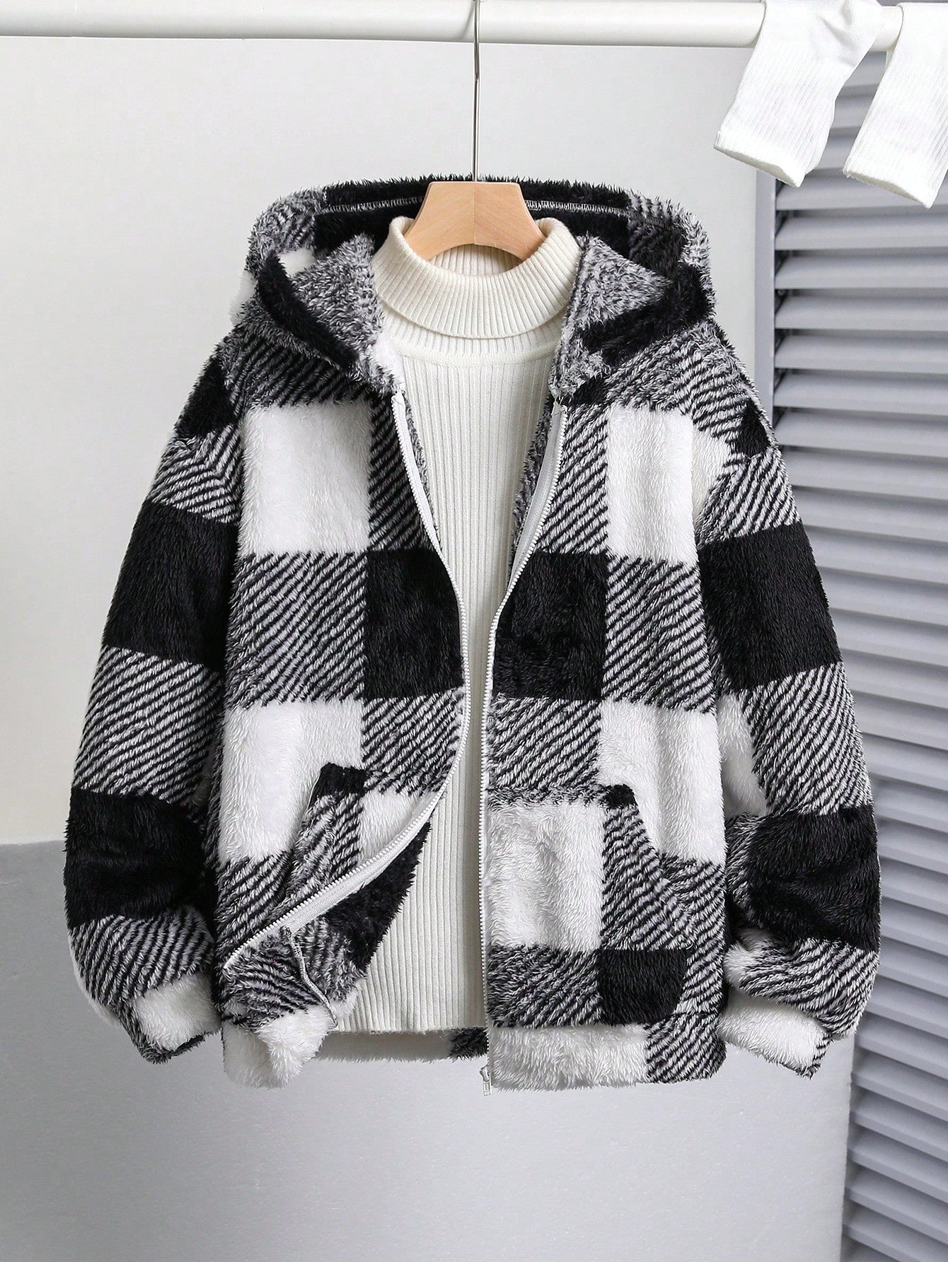Cheap Black & White Hoodie For Tween Boys, Reversible Checkered Long Sleeve Jacket With Zipper, Suitable For School, Daily, Casual, College, Travel And Sports; Ideal For Fall/Winter Season