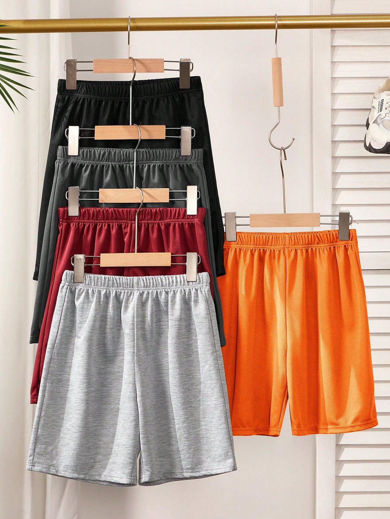 Multi-Pack Of 5 Boy's Casual Sports Loose Knitted Shorts, Solid Color Mesh Design, Assorted Colors (One Each), Set Of 5 Pieces
