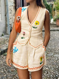 Women's Floral Embroidered Vest And Shorts Casual Vacation Suit
