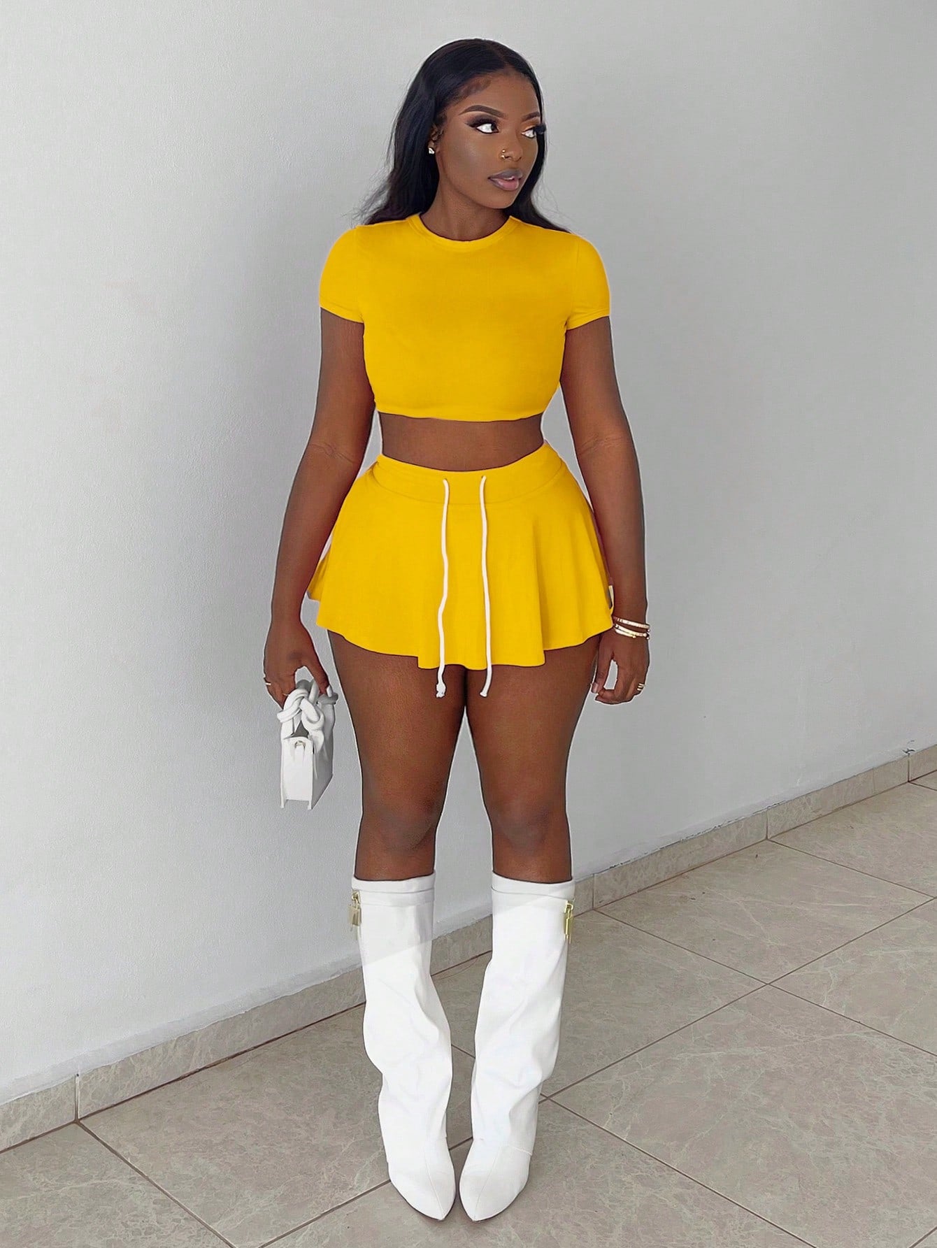Basic Round Neck Crop Sleeve Crop Top With Drawstring + A-Line Mini Skirt Set, Elastic Knit Two-Piece Outfit For Women
