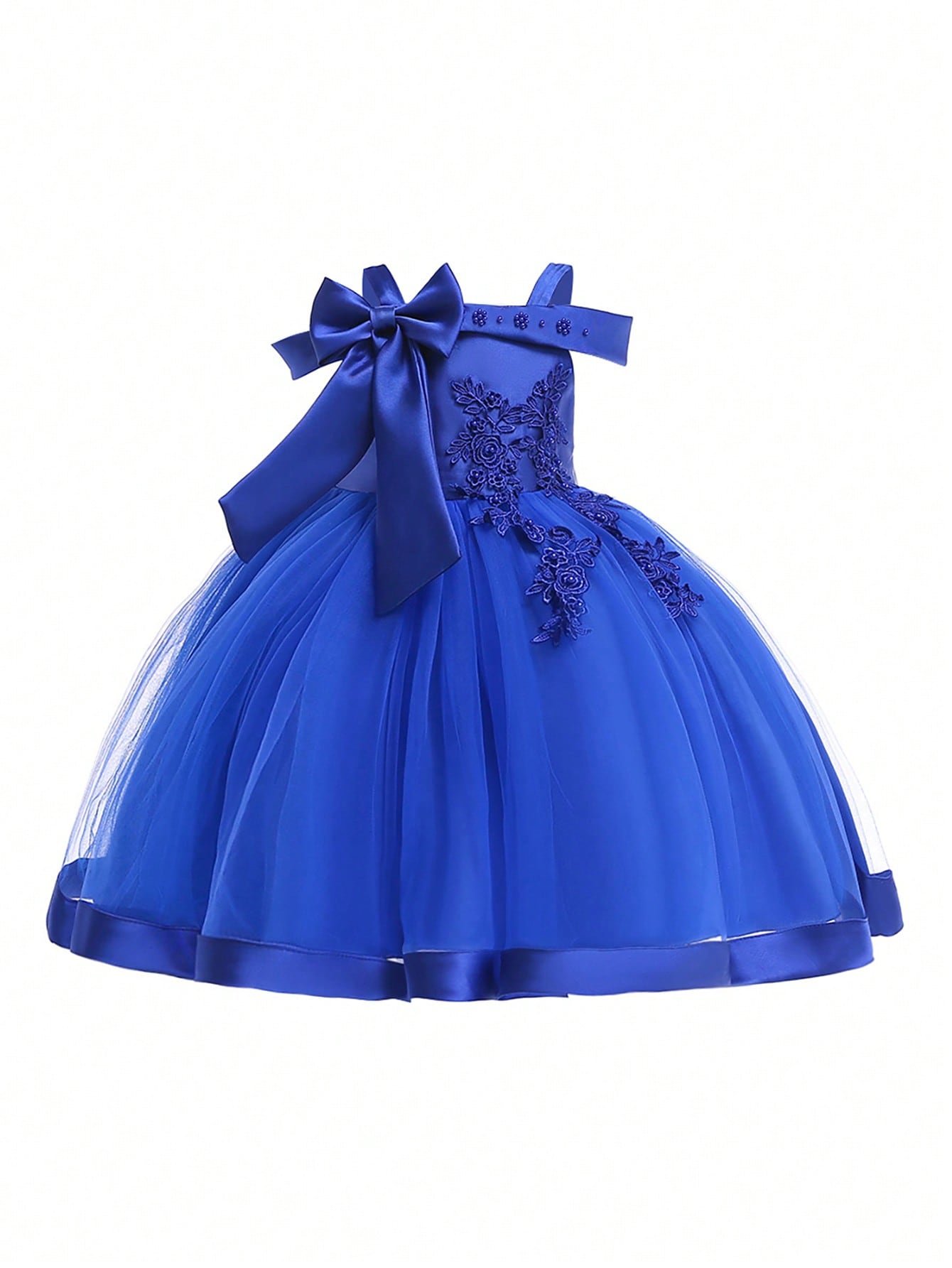 Young Girl Solid Color Tulle Spliced Satin Bowknot Decorated Sleeveless Fluffy Dress, Suitable For Birthday Party And Other Formal Occasions