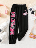 Young Girls' Black Printed Color Block Letter Joggers With Loose Fit And Stylish Details, Suitable For Trendy Kids