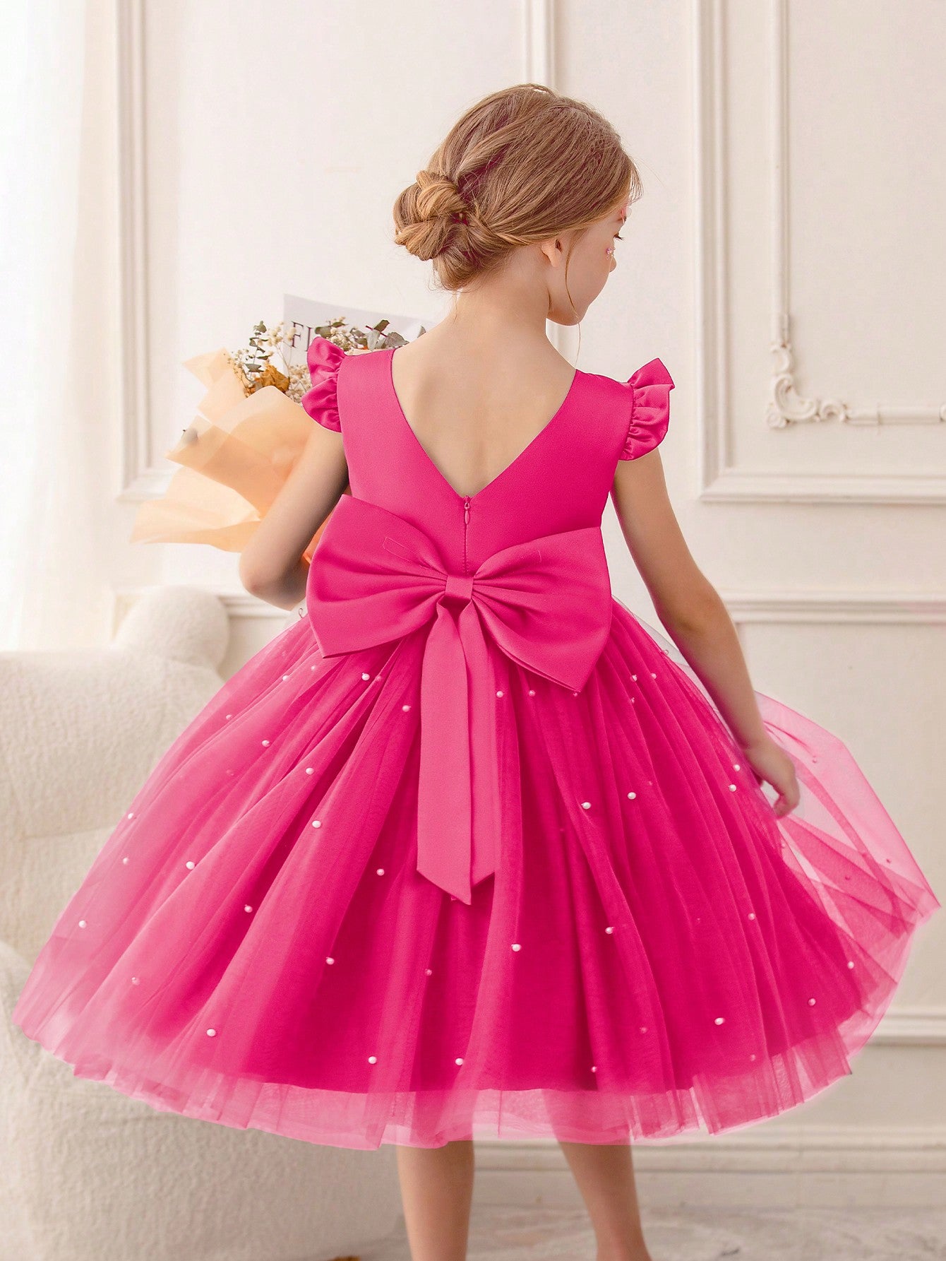 Young Girl Flutter Sleeve Tulle Formal Dress, Suitable For Birthday Party, Dance Party, Casual, Daily Wear, Musical Performance, And Stage Costume