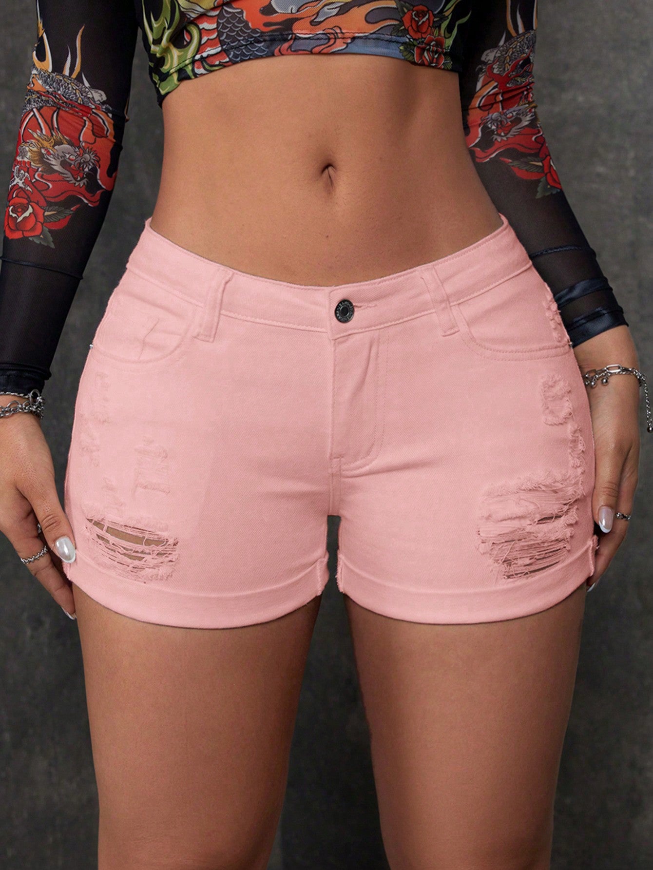 Ripped Roll Up Hem Denim Shorts