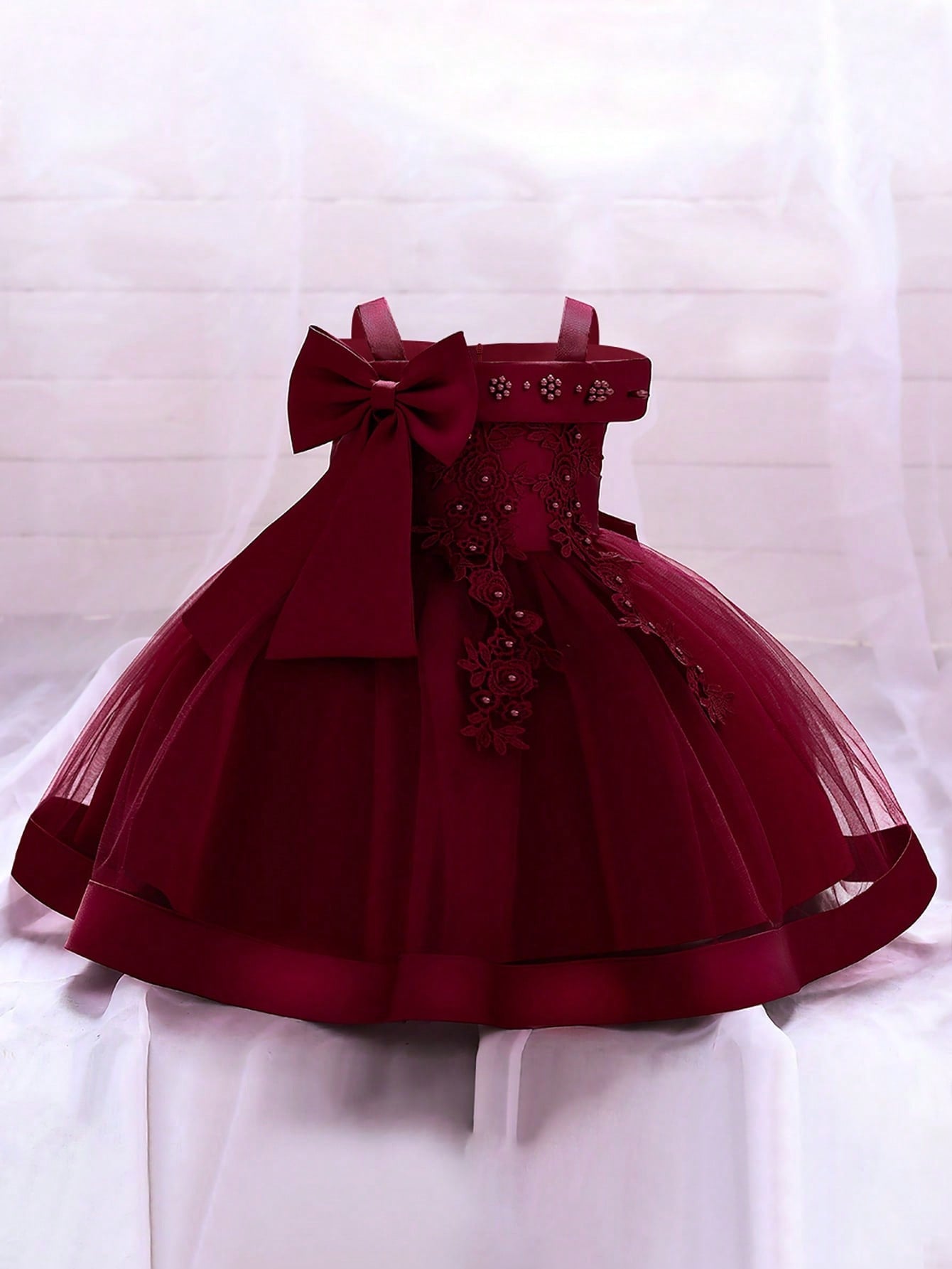 Young Girls' Solid Color Tulle Satin Strap Dress With Bowknot Decoration, Elegant And Gorgeous Dress Suitable For Birthday Party