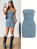 Coolane Women's Spring/Summer Y2K Denim Bodysuit Bandeau Dress,Coachella,Music Festival,Back To School Clothes