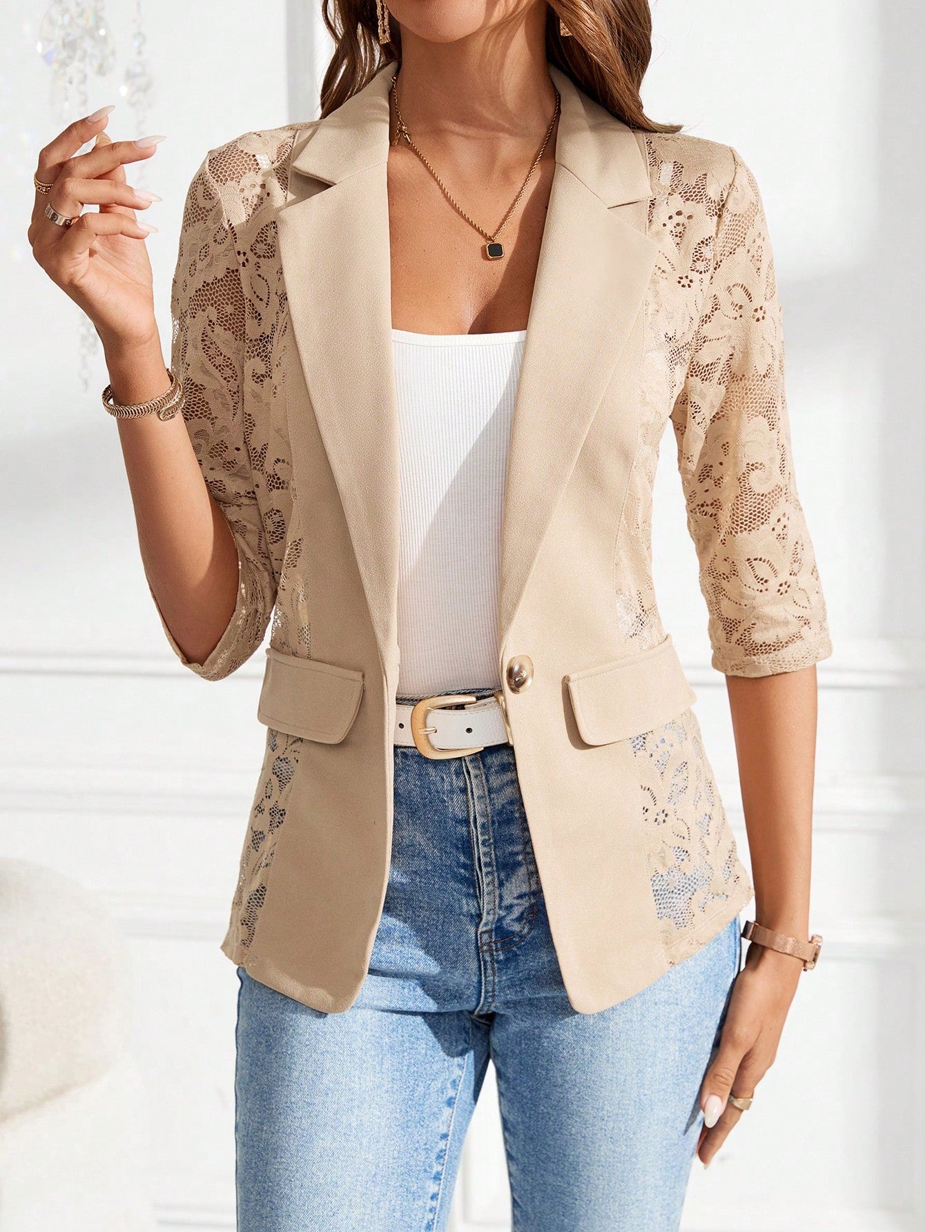 Contrast Lace Flap Detail Single Button Blazer
