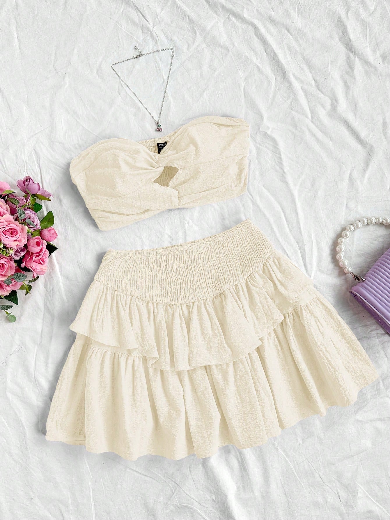 Casual Vacation Plaid Strapless Top With Twist Front And High Waist A-Line Skirt, 2pcs/Set