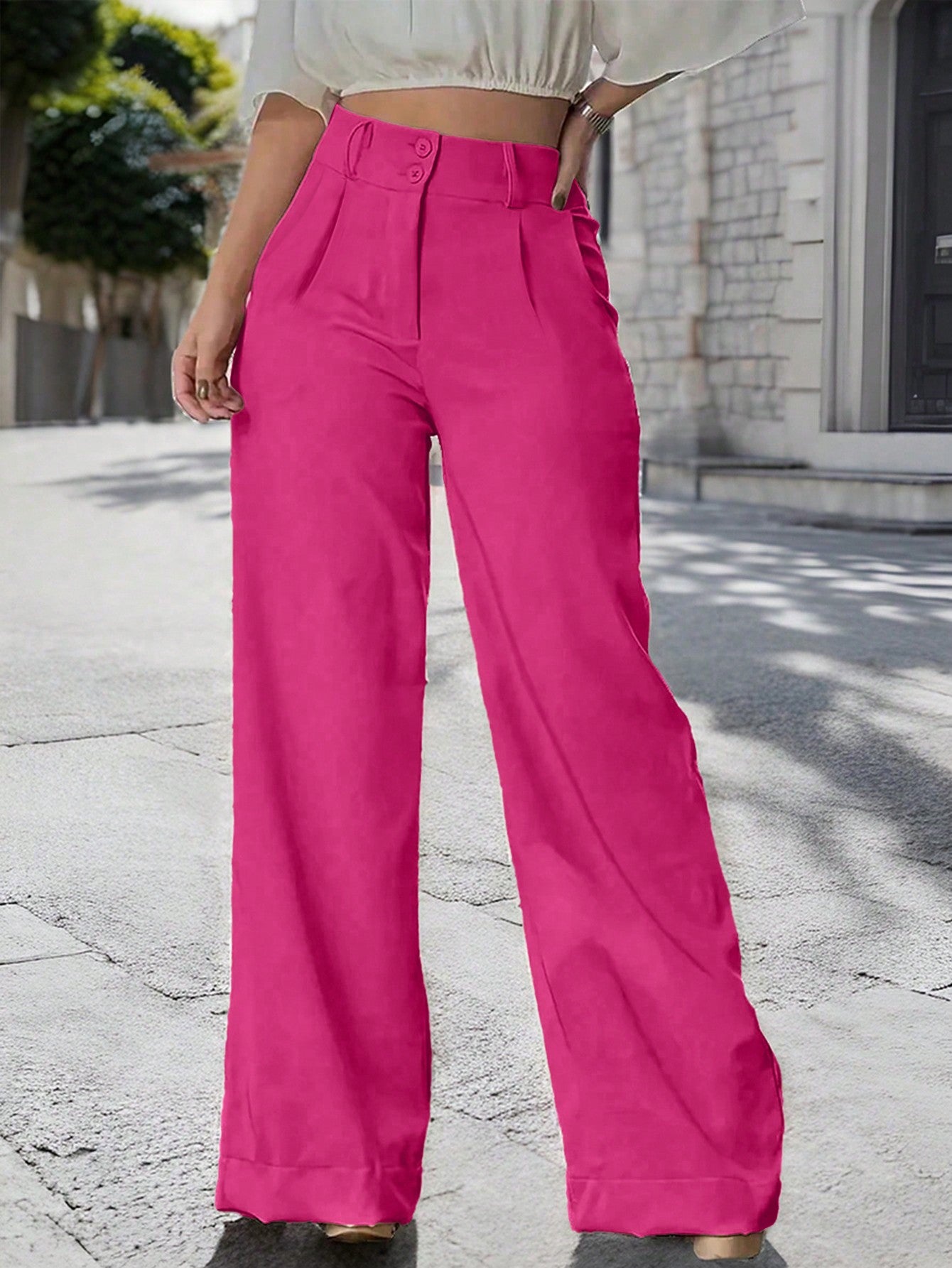 Solid Color Pleated Wide Leg Pants With Diagonal Pockets