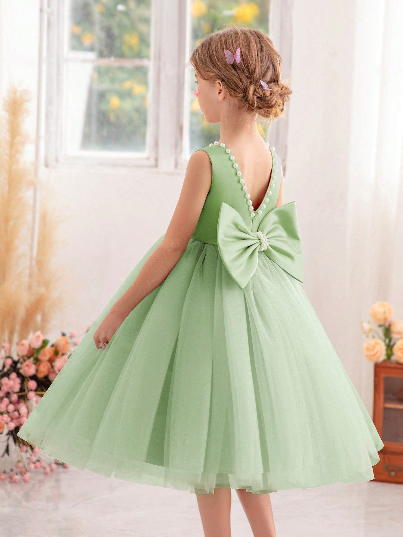Young Girls' Pearls & Bowknot Decor Formal Princess Dress, Perfect For Birthday Party, Dance, Ceremony, Wedding, Stage Performance, Etc.