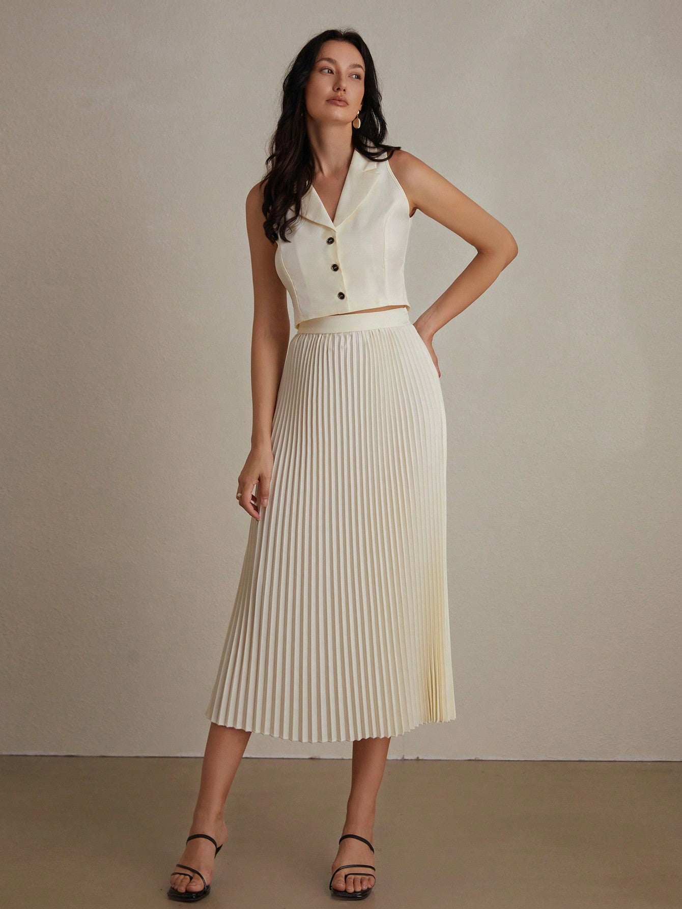 BIZwear Elegant And Stylish Solid Color Suit Vest & High Waisted Pleated Maxi Skirt Set, 2pcs