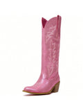 Metallic Cowboy Boots Women Mid-Calf Boots Ladies Block Heel Western Boots Women's Cowgirl Boots Vintage Wide-Calf Boot Floral Embroidered Pointed Toe Chunky Heel 2.5" Pull-On Fashion