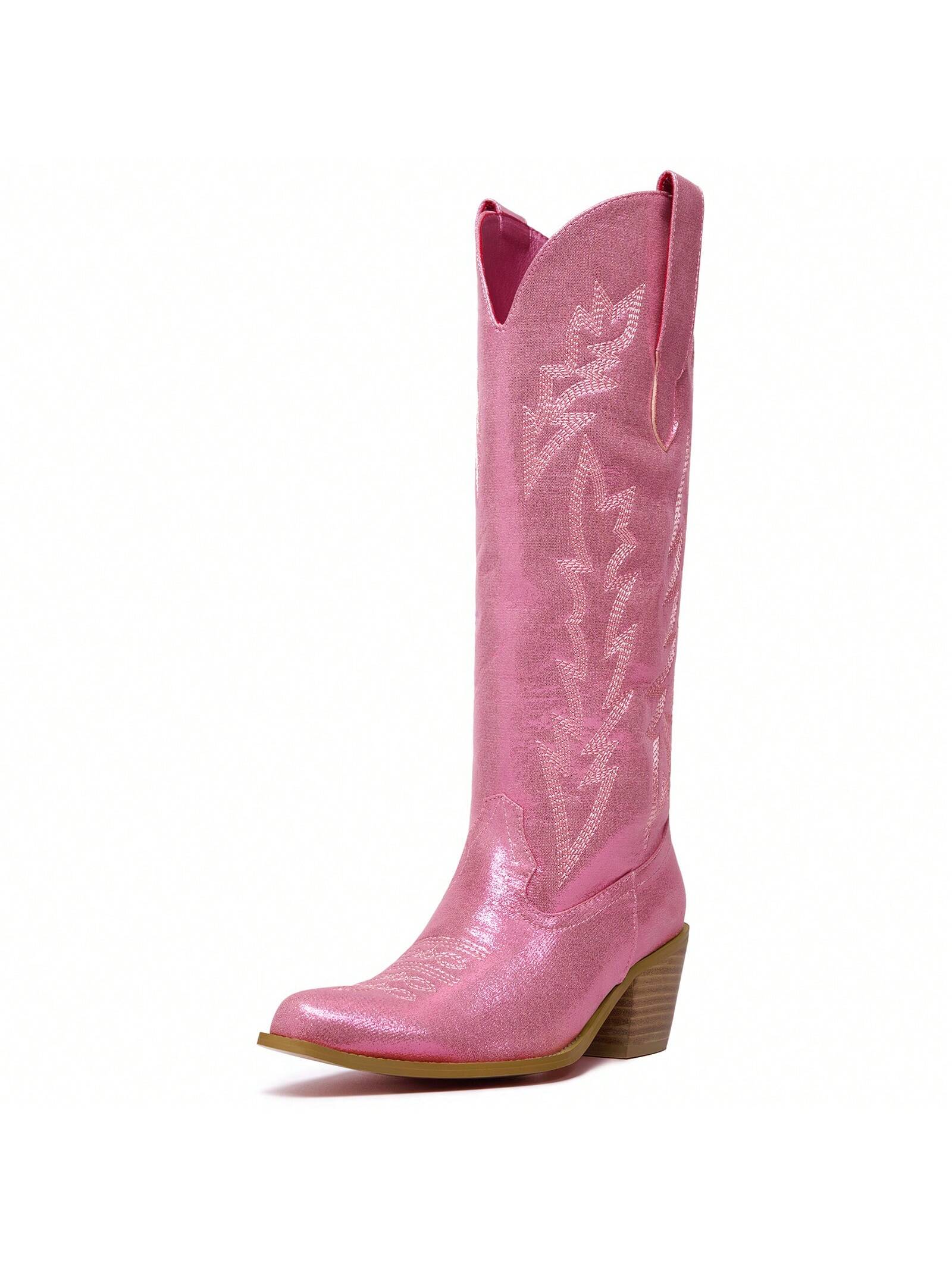 Metallic Cowboy Boots Women Mid-Calf Boots Ladies Block Heel Western Boots Women's Cowgirl Boots Vintage Wide-Calf Boot Floral Embroidered Pointed Toe Chunky Heel 2.5" Pull-On Fashion