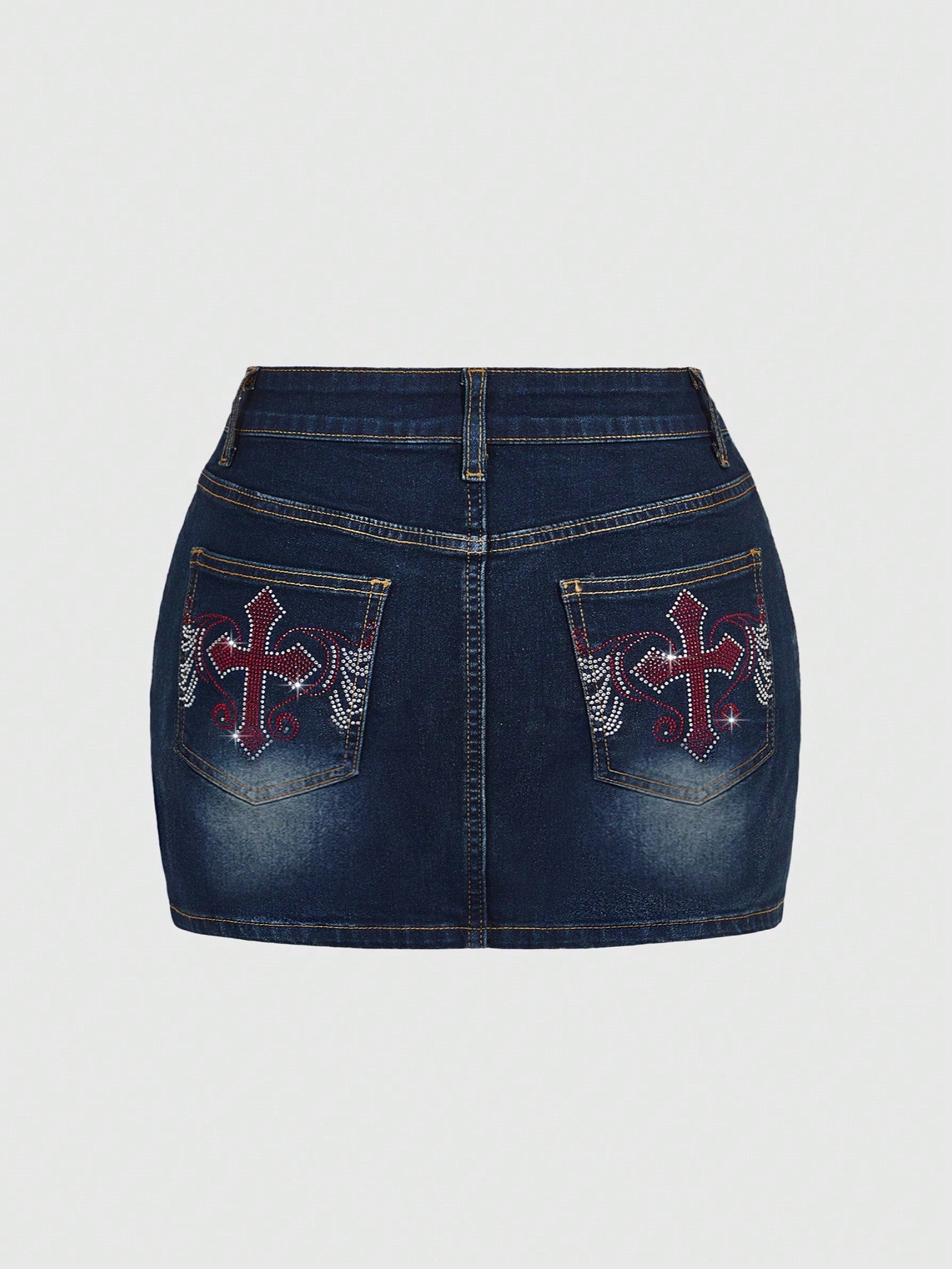 Punk Plus Size Summer Y2K Pocket Cross & Wing Rhinestone Denim Mini Skirt, School