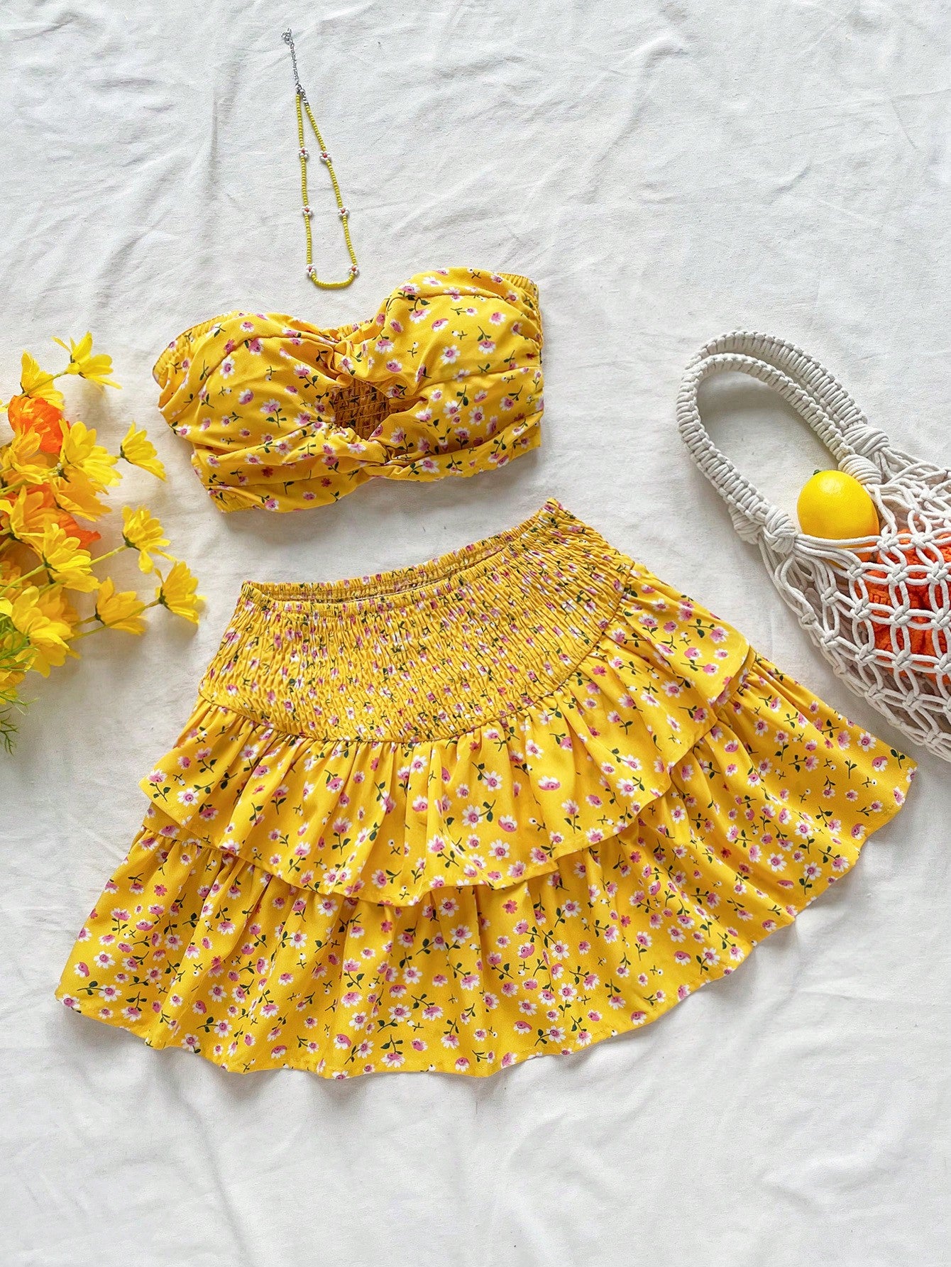 Casual Vacation Plaid Strapless Top With Twist Front And High Waist A-Line Skirt, 2pcs/Set
