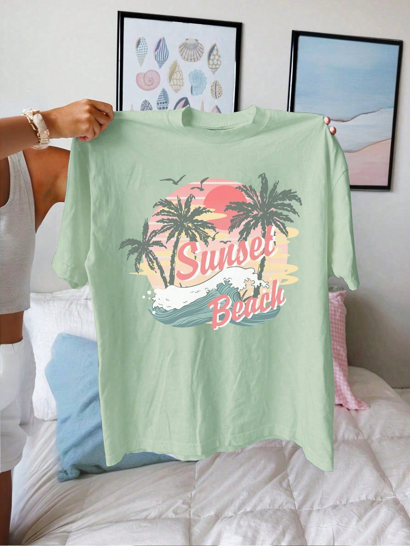 Teen Girl Vintage Casual Summer Coconut Tree Landscape Printed Knitted Oversized T-Shirt, Suitable For Summer