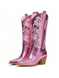Cowboy Boots For Women Cowgirl Western Mid Calf Boots With Embroidery Pointed Toe Retro Chunky Heel Slip On Fashion Classic Metallic Boots Pull On For Ladies Summer Fall Party Prom