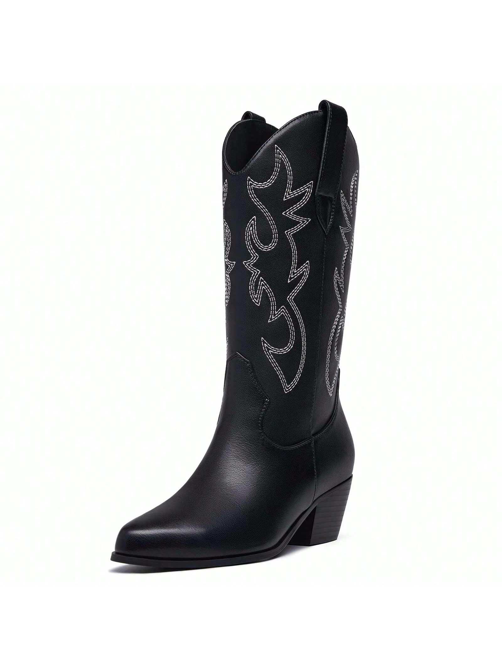 Cowboy Boots For Women Mid Calf Cowgirl Boots Chunky Stacked Low Heel Heel Side Zipper Embroidery Western Wid Calf Boots Almond Shaped Pointed Toe Classic Casual Fashion