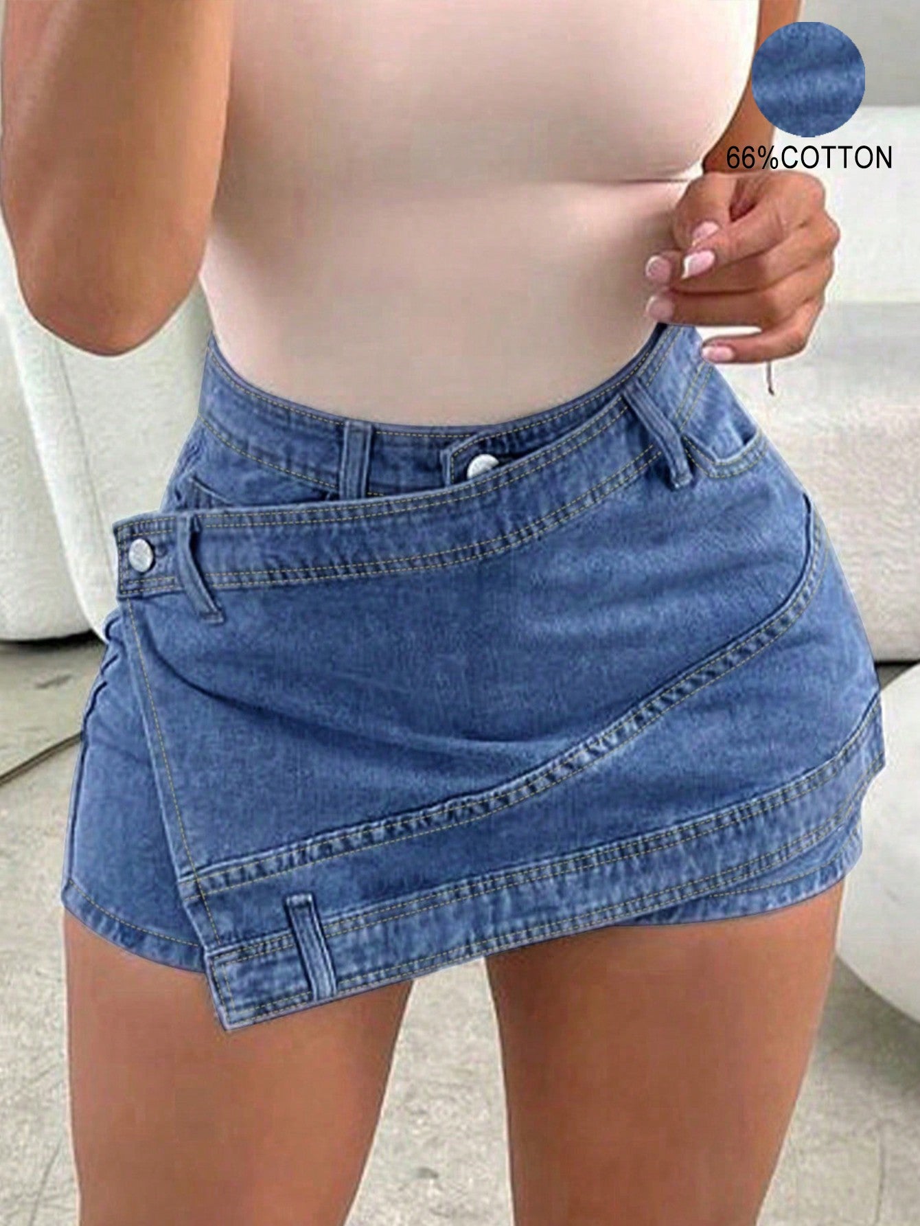 Rave Y2K Street Vintage Stretchy Overlap Waist Wrap Asymmetrical Hem A-Line Skinny Cargo Mini Denim Skorts