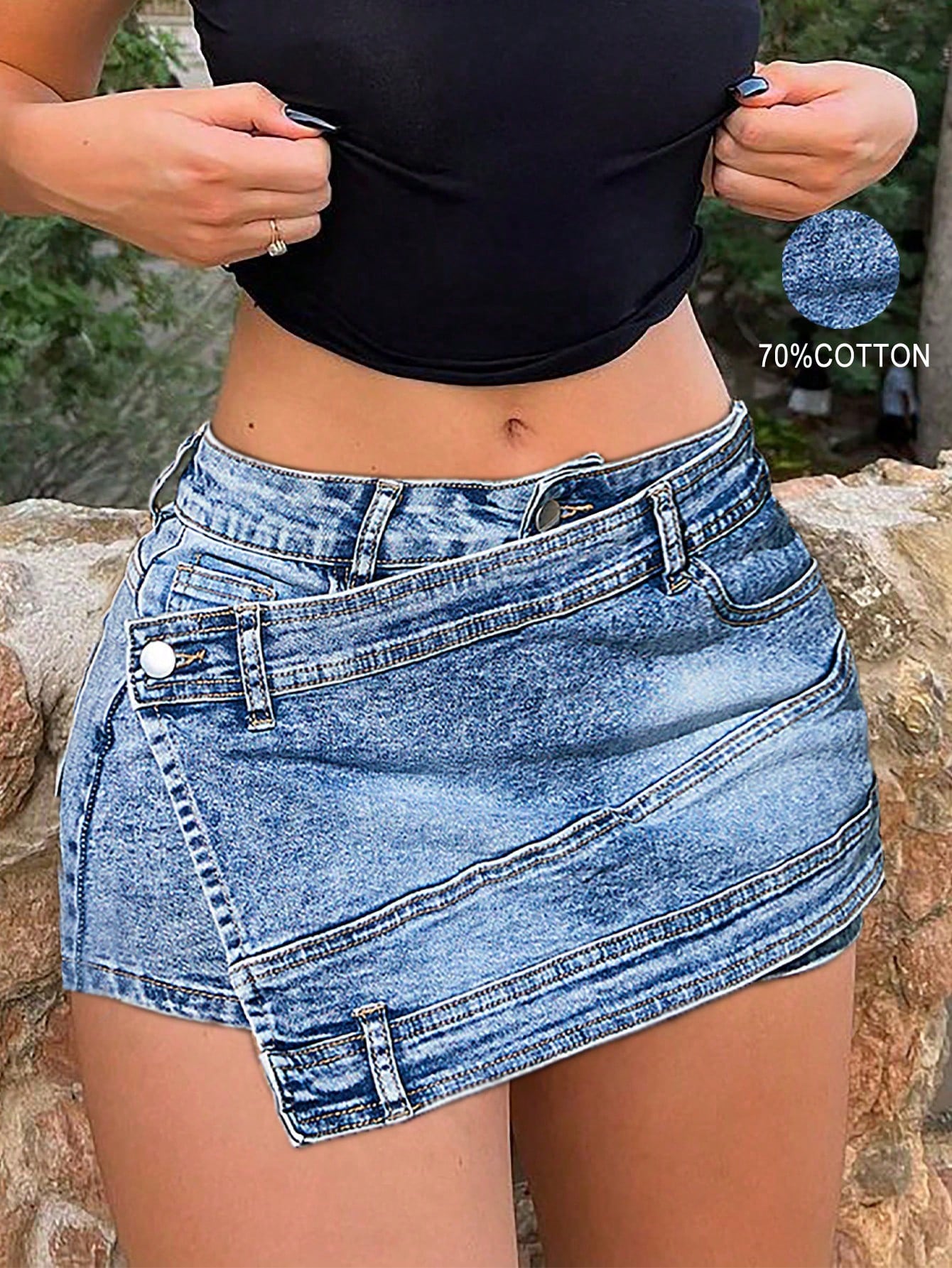 Rave Y2K Street Vintage Washed Overlap Waist Wrap Asymmetrical Hem A-Line Stretchy Skinny Cargo Denim Mini Skorts