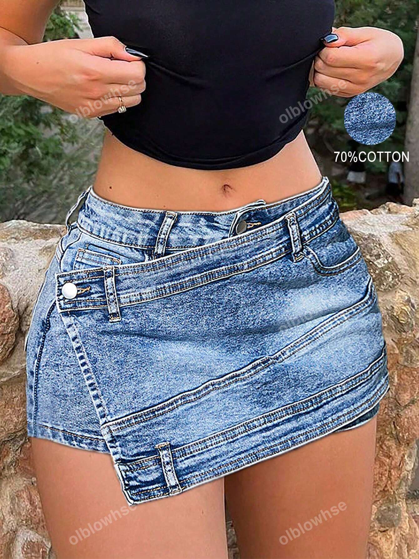 Rave Y2K Street Vintage Stretchy Overlap Waist Wrap Asymmetrical Hem A-Line Skinny Cargo Mini Denim Skorts