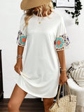 Women's Summer Holiday Style Short-Sleeved Beige Embroidered Dress