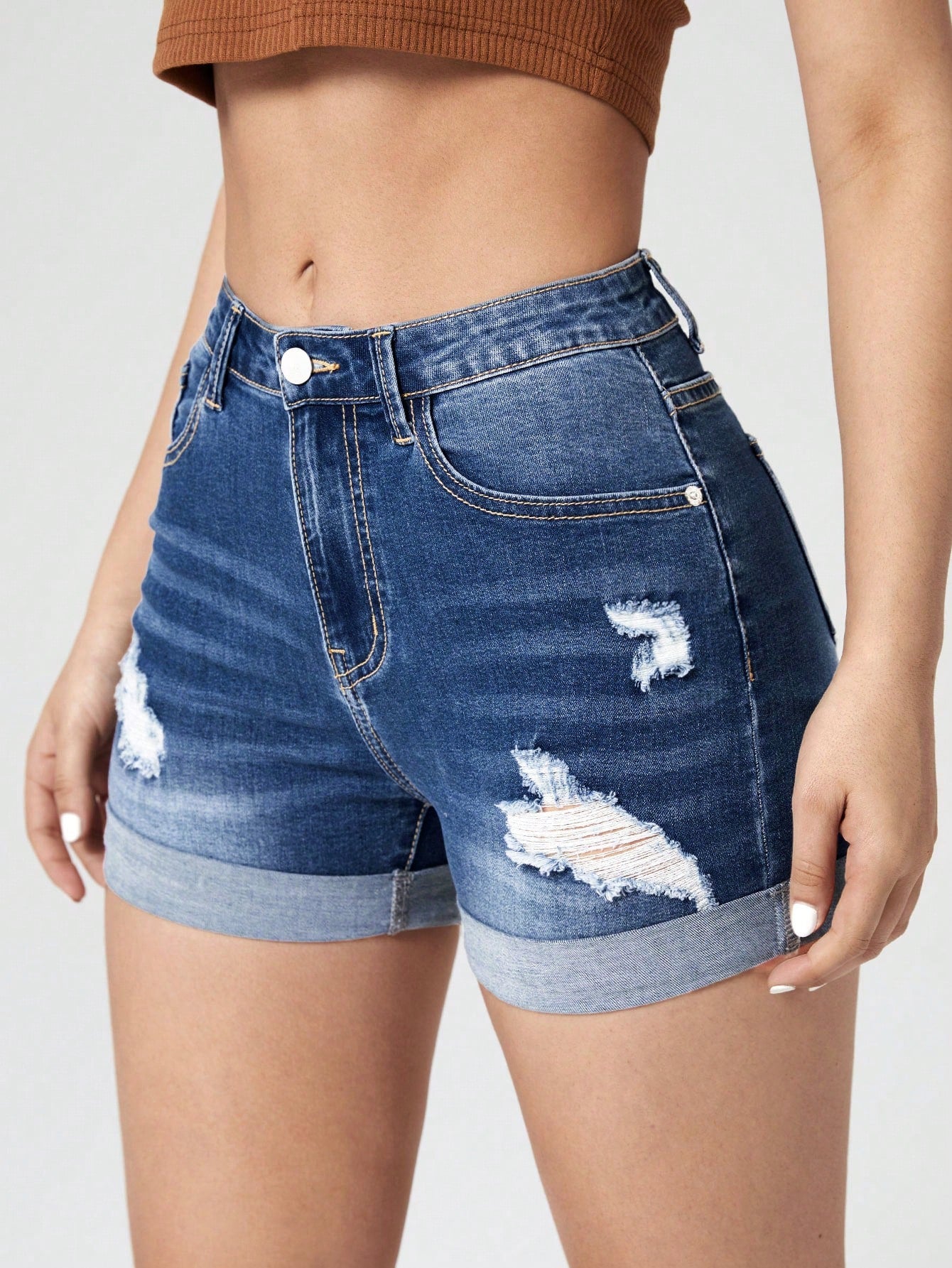 Ripped Roll Up Hem Denim Shorts