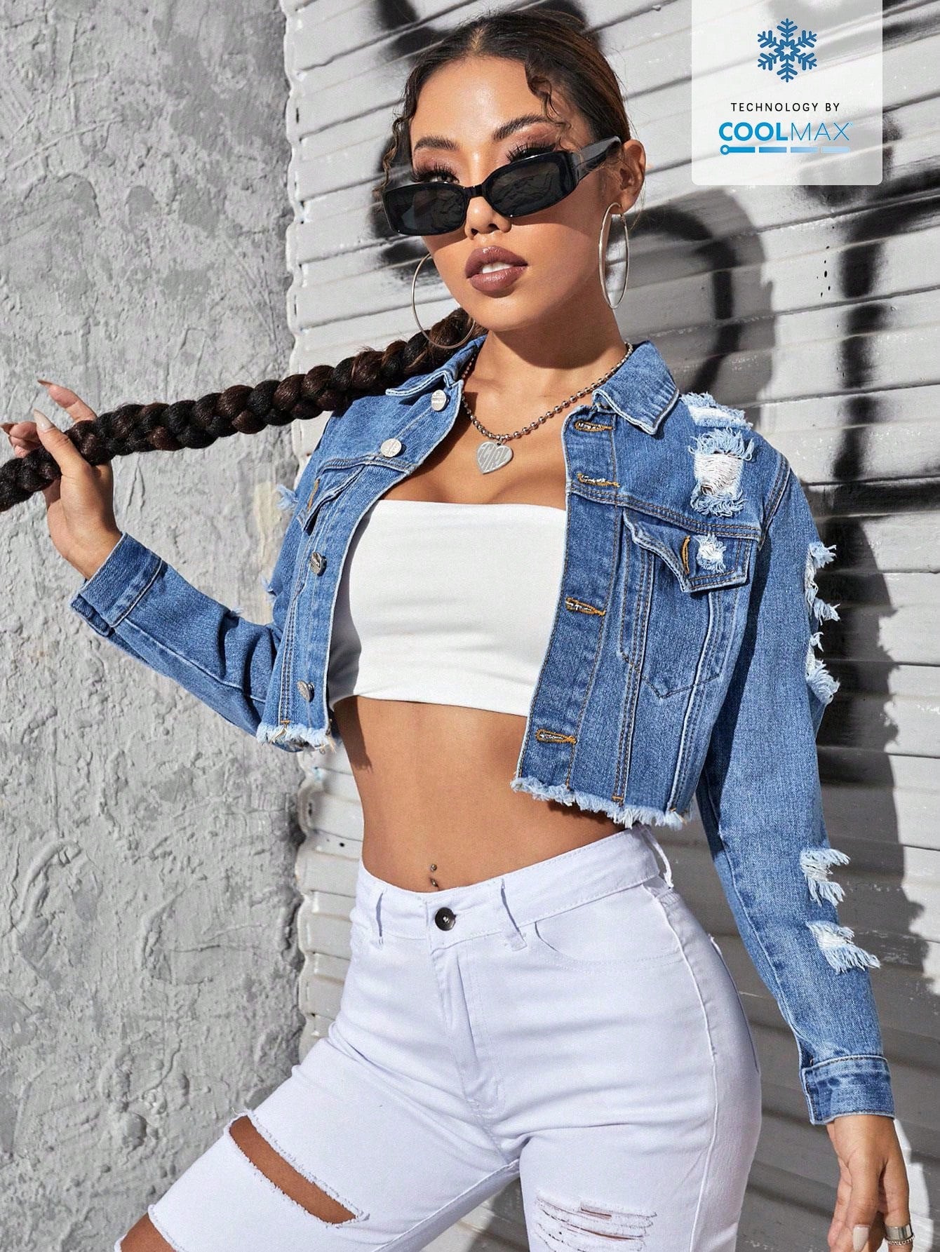 Ripped Raw Hem Denim Jacket
