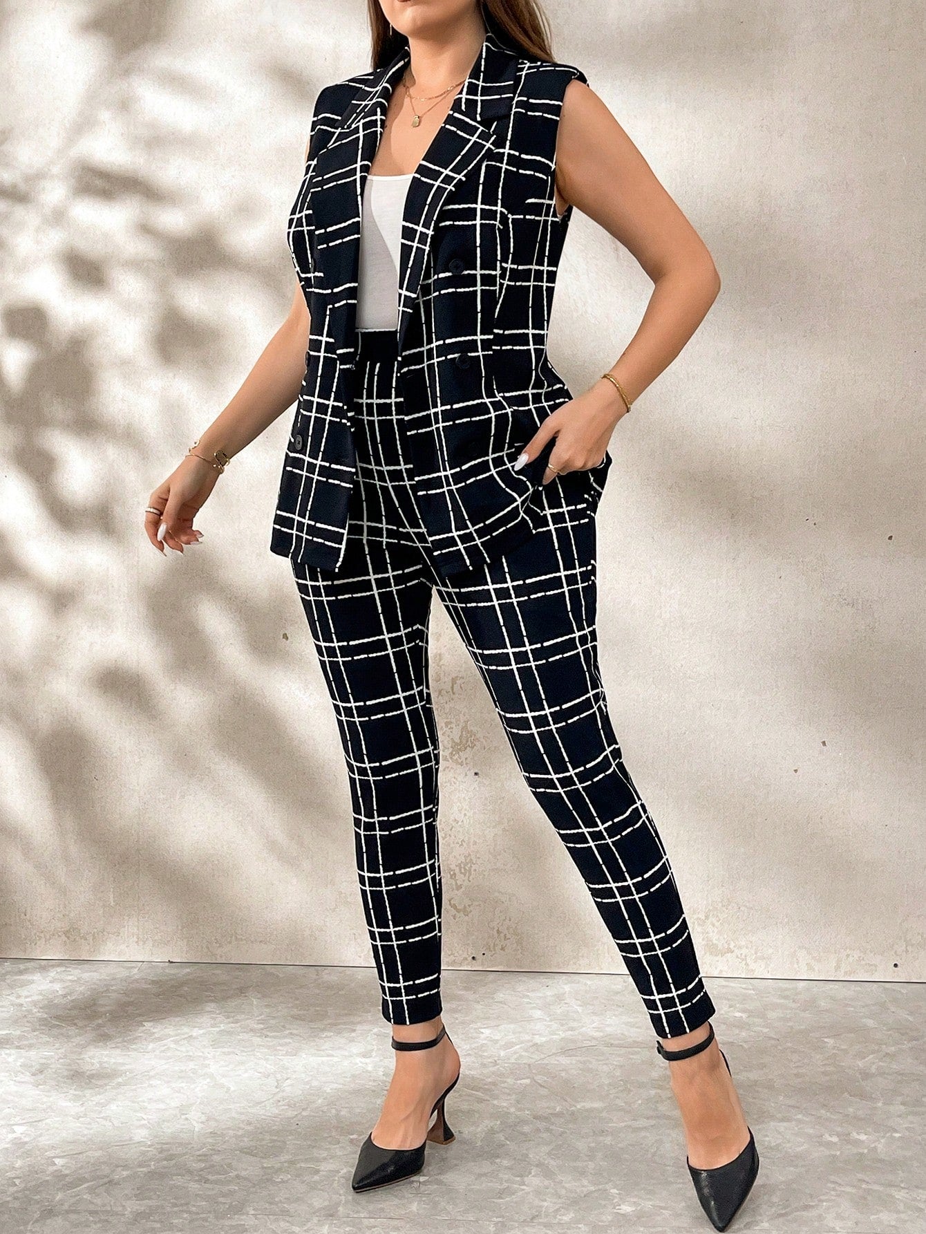 Plus Plaid Double Breasted Vest Blazer & Pants