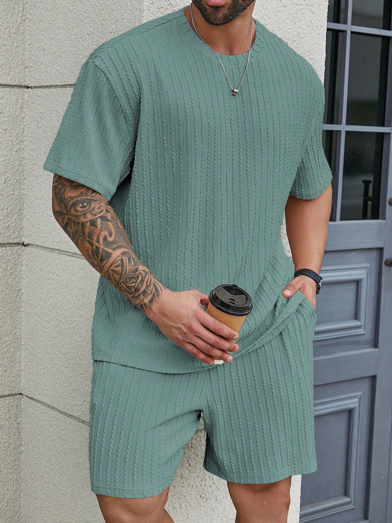 Men's Plus Size Summer Solid Color Textured Round Neck Short Sleeve Casual T-Shirt And Shorts Set