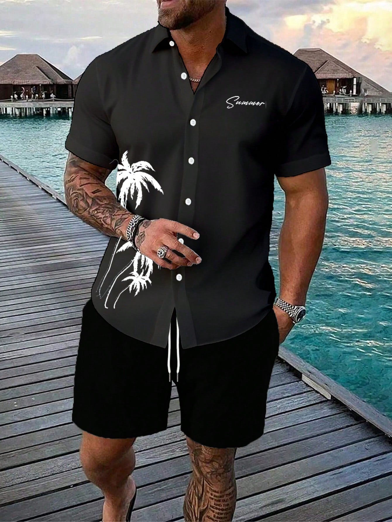 Men's Plus Size Printed Short Sleeve Shirt And Solid Color Shorts Set