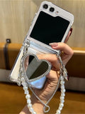Luxury Glitter Love Mirror Holder Pearl Bracelet Clear Case Compatible With Samsung Galaxy Z Flip 6 5 4 3 5G Z Flip5 Zflip5 Zflip6 Fashion Back Cover