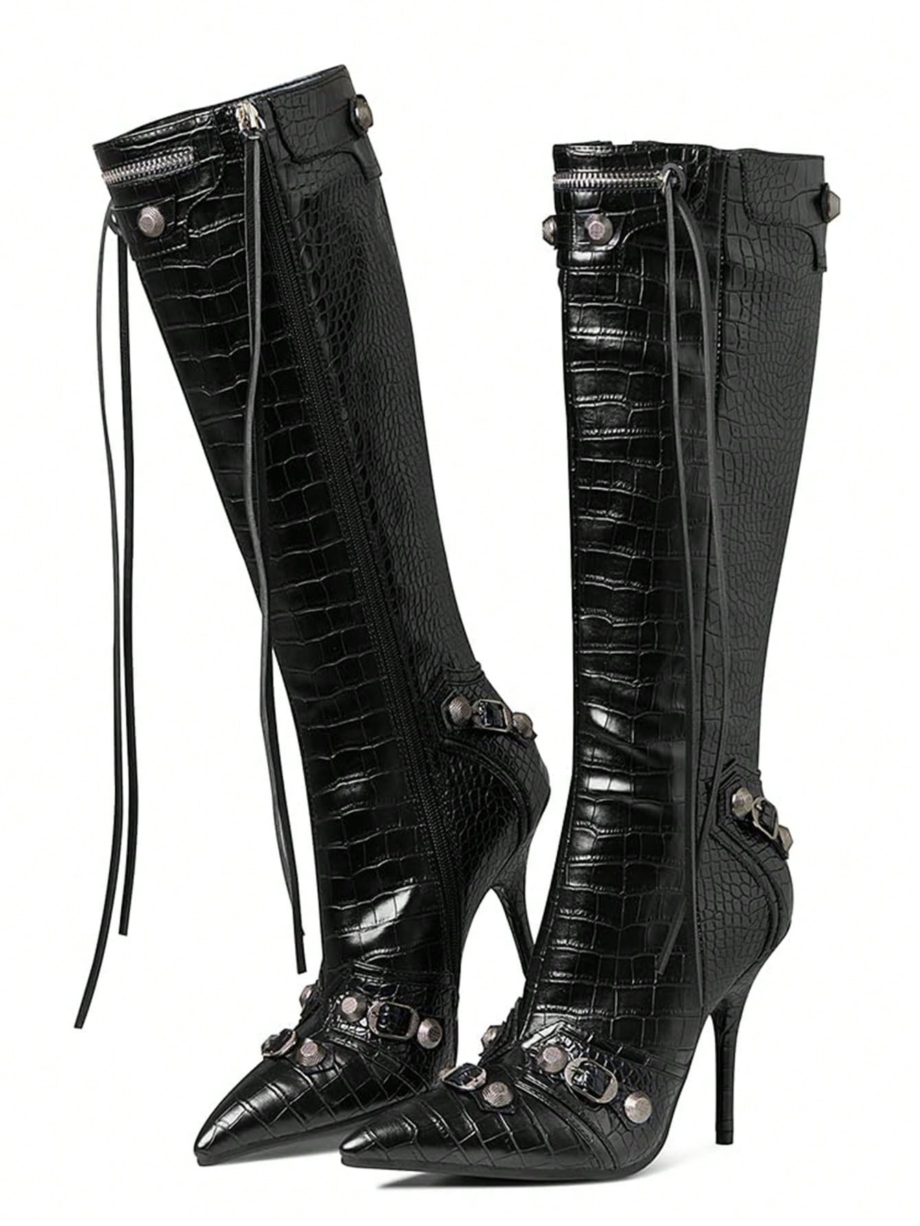 Sexy Women Knee High Motorcycle Boots Stiletto HIgh Heels Pointed Toe Rivets Tassels Punk Gothic Sexy Nightclub Shoes