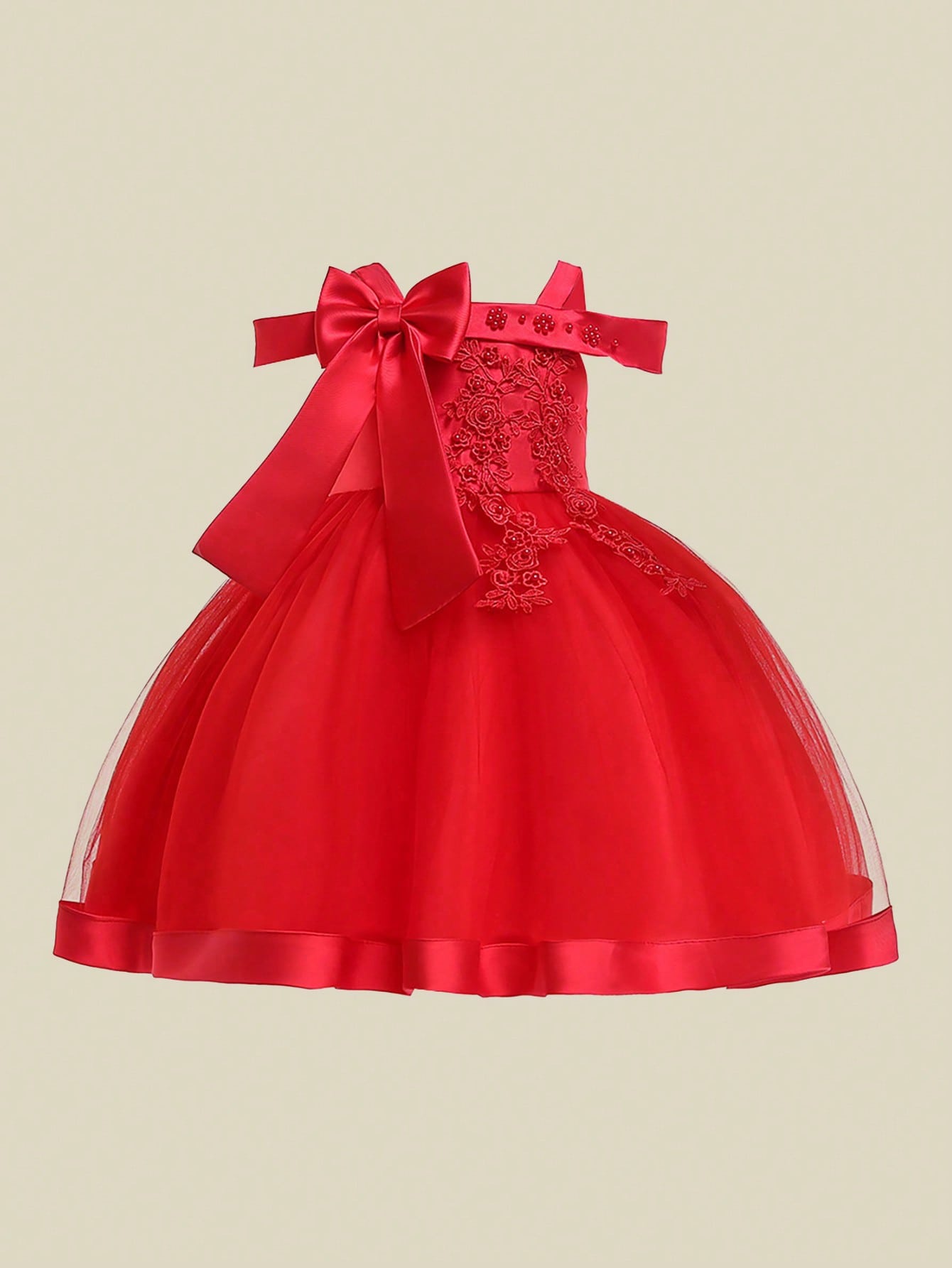 Young Girl Solid Color Tulle Spliced Satin Bowknot Decorated Sleeveless Fluffy Dress, Suitable For Birthday Party And Other Formal Occasions