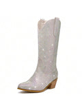 Rhinestone Cowboy Boots Sparkly Cowgirl Boots For Women Mid Calf Pointed Toe Low Chunky Stacked Heel 5cm Pull On Tabs Shiny Sparkle Glitter Fashion Party Retro Classic Vintage Party Graduation Prom Shows