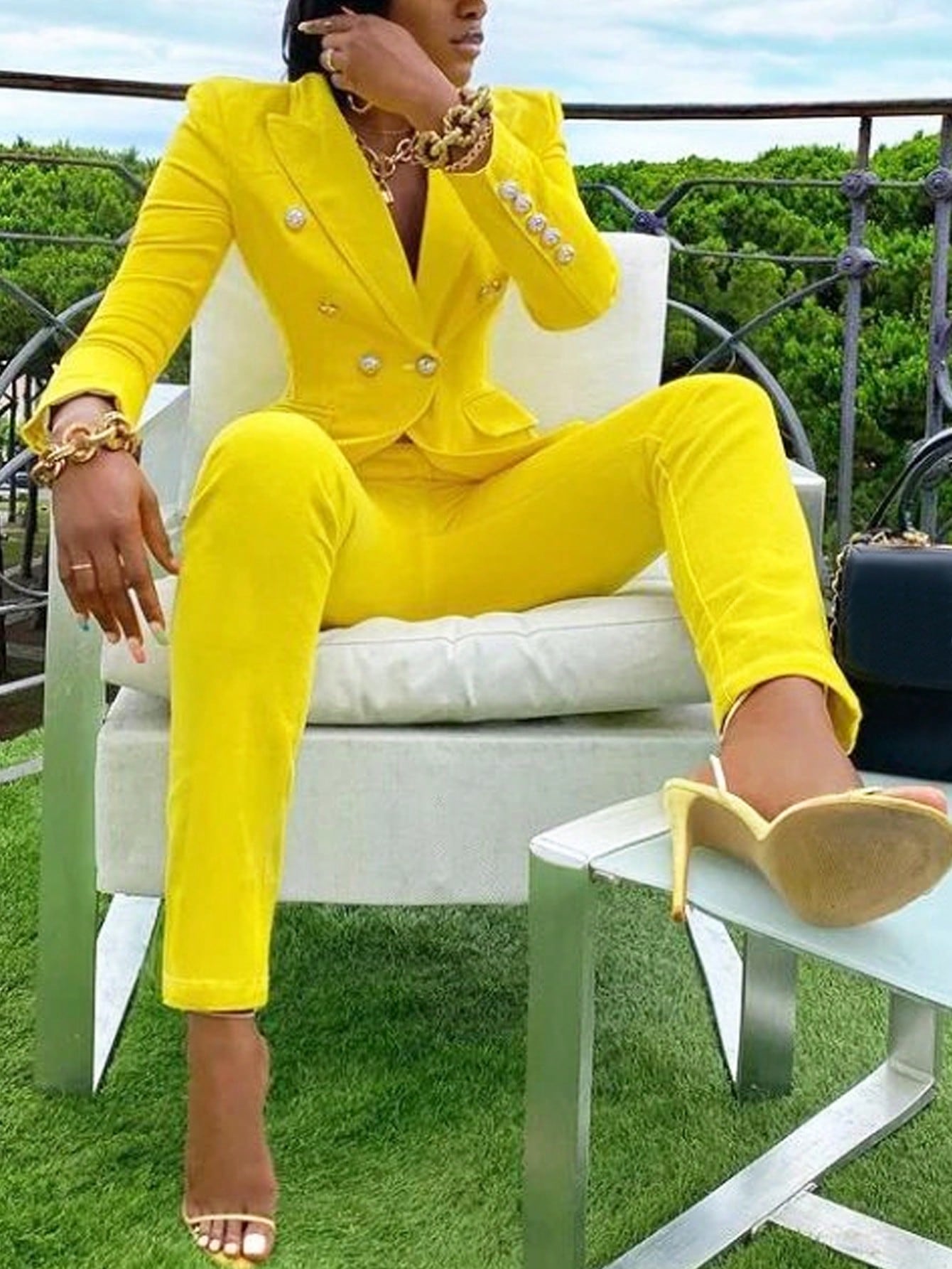 Women's Solid Color Double Breasted Long Sleeve Suit Jacket And Pants, Elegant Two-Piece Suit