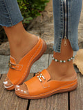 Women's Metal Square Buckle Open Toe Wedge Sandals With Thick Sole, Casual Style, New Summer Fashion, Everyday Wear, Slip-Resistant, Comfortable Orange Sandals, 36-43 Shoe Size