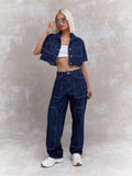 MISSGUIDED Contrast Stitching Crop Shirt And Straight Jeans Co-Ord Set College Ready