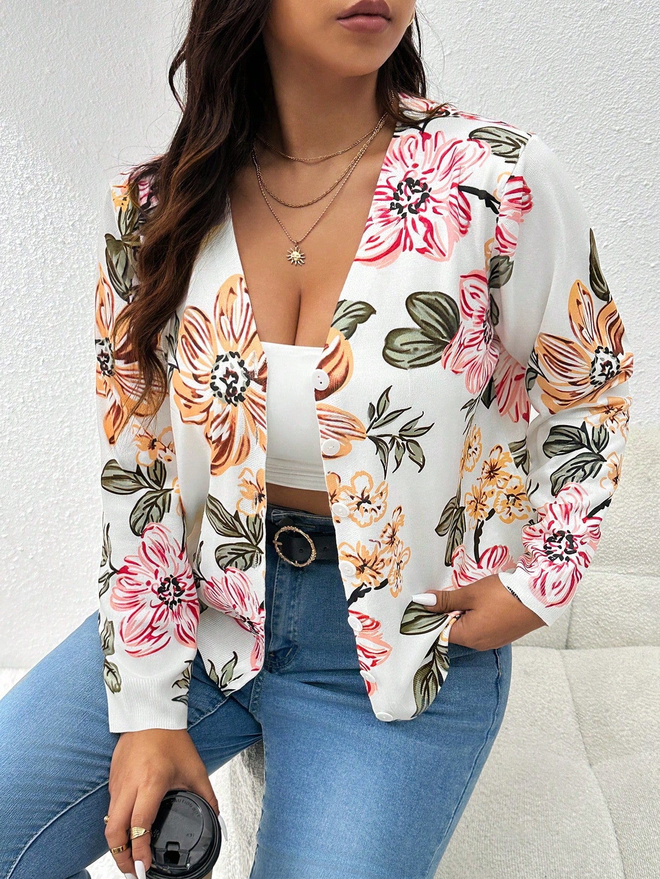 Frenchy Plus Size Buttoned V-Neck Long Sleeve Solid Color Minimalist Charming Fashion Cardigan