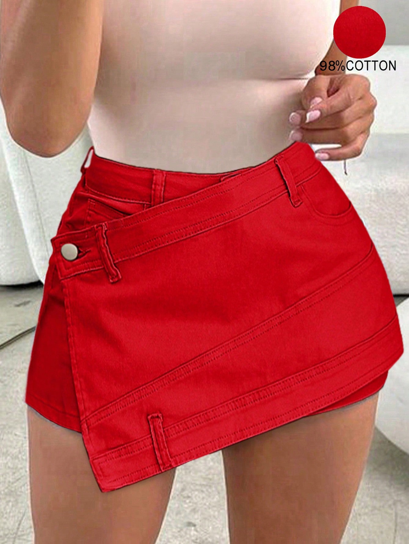 Rave Y2K Street Vintage Washed Overlap Waist Wrap Asymmetrical Hem A-Line Stretchy Skinny Cargo Denim Mini Skorts