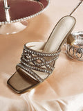 TILAWA Women's Portable Slip-On Hollow Out Rhinestone Stiletto Heels, Square Toe, Snake Print Embossed Material, Fashionable, Simple, Comfortable, Summer, Suitable For Daily Wear, Festivals, Parties, Versatile High Heel Sandals