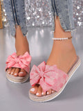 Women's New Style Lovers' Best-Selling Rope-Sole Woven Insole Simple Style Wedge Thick-Soled Sandals, Retro Floral Embroidery Plus-Size Wide Toe Sandals, Bow-Knot Decorated Peep Toe Peep-Toe Sandals, Classic All-Match Summer Beach Shoes