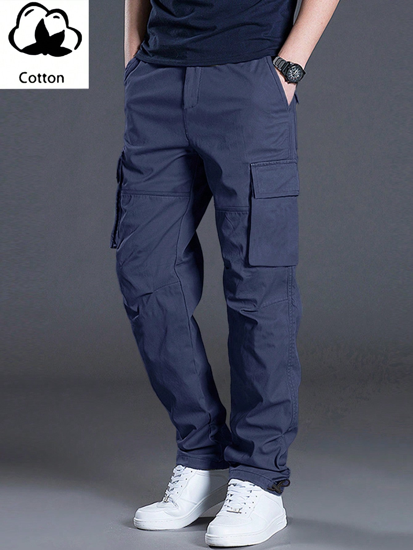 Loose Fit Men's Solid Color Pants With Drawstring Waist And Flap Pockets