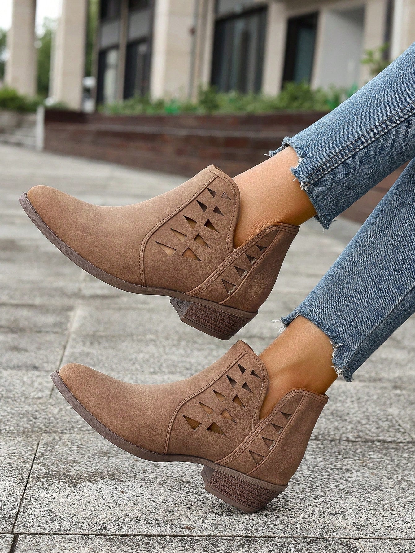 Red Hollow Chunky Heel Round Toe Elegant & Versatile Ankle Boots And Short Boots For Women, Suitable For Commuting And Daily Wear