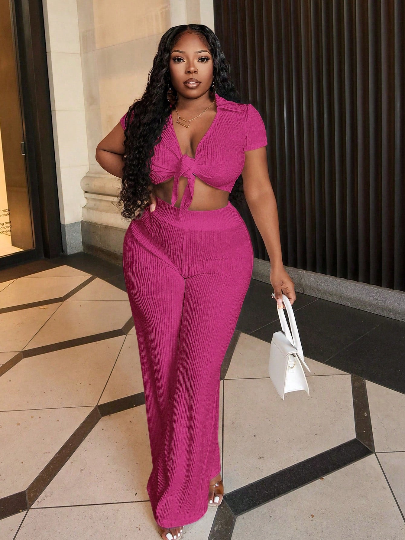 Casual White Short Sleeve Lapel V-Neck Tie Front Crop Top  And Straight-Leg Pants Set