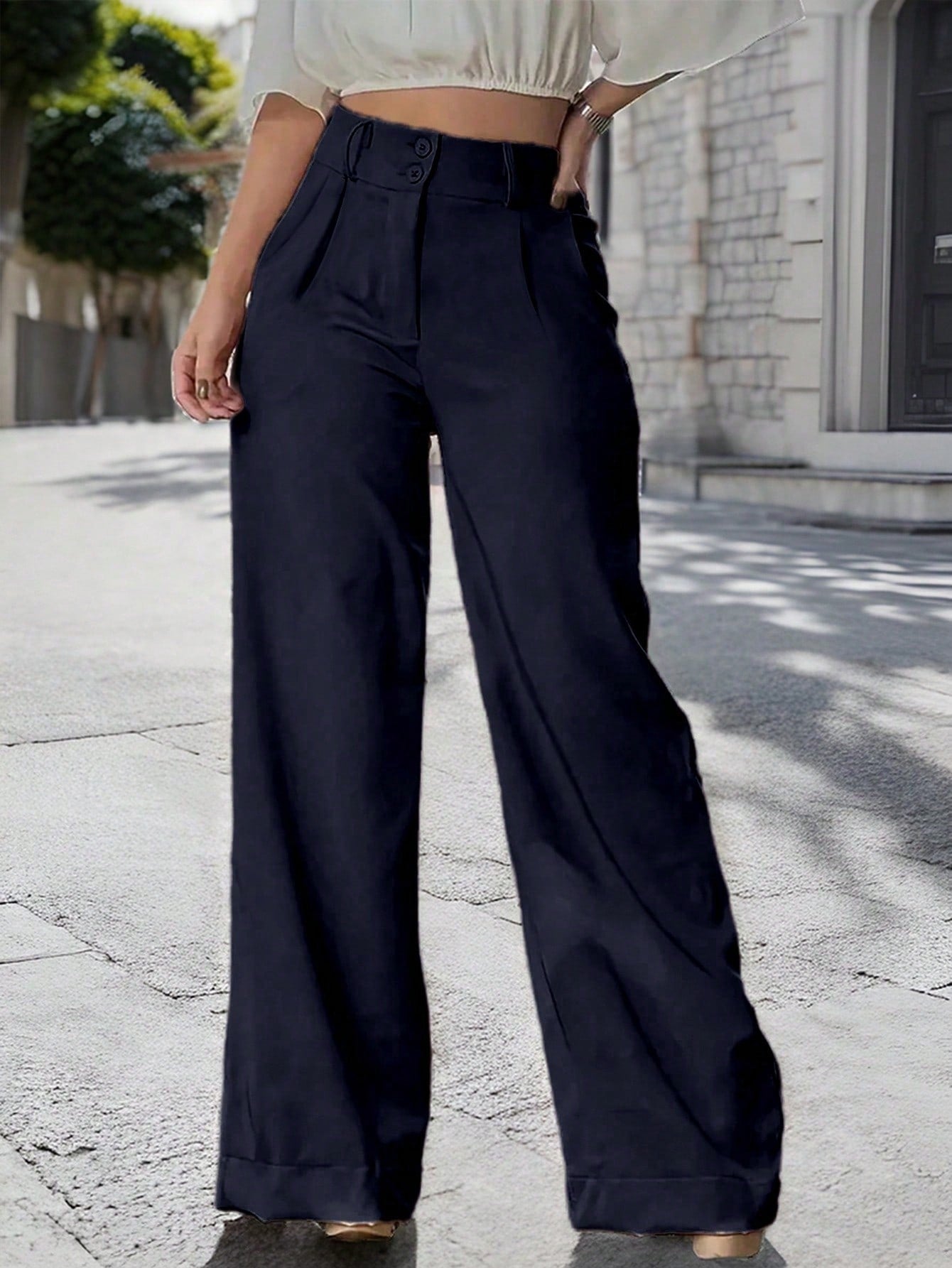 Solid Color Pleated Wide Leg Pants With Diagonal Pockets