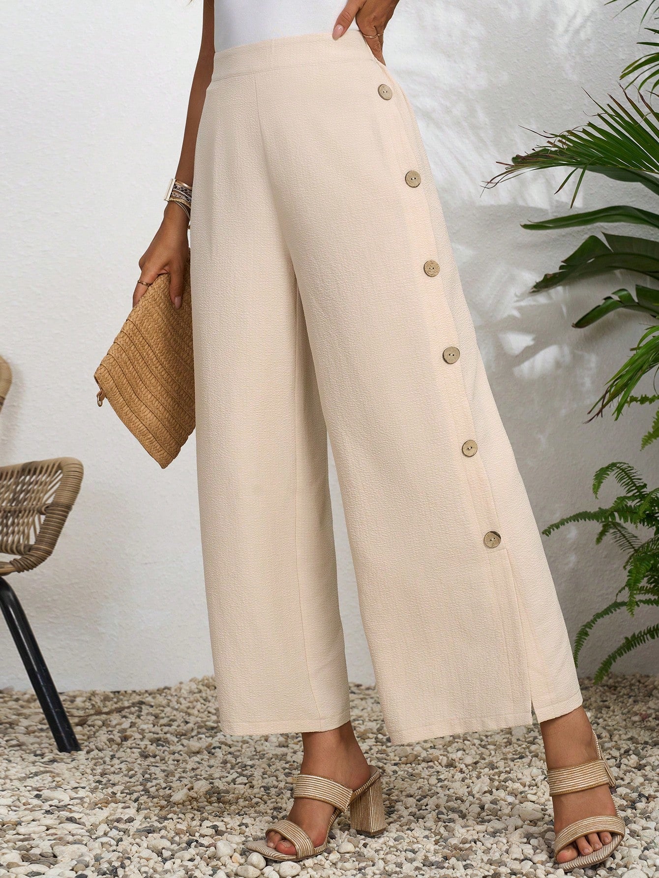Button Detail Split Hem Wide Leg Pants